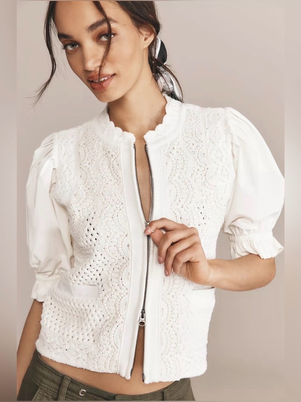 NWT Anthropologie Puff-Sleeve Ivory Mixed Media Cardigan Sweater Size Small